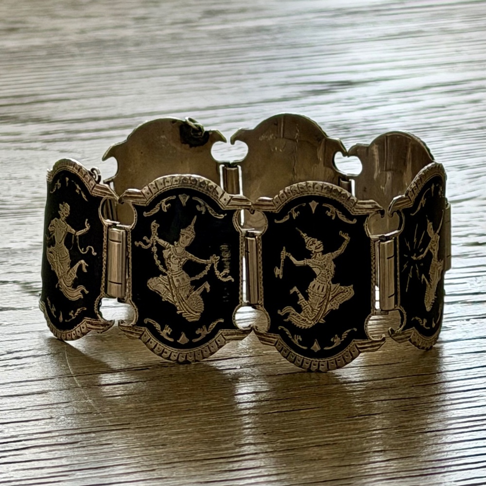 Vintage Siam Sterling Silver Niello 7 Panel Bracelet Mid-Century Boho Jewelry